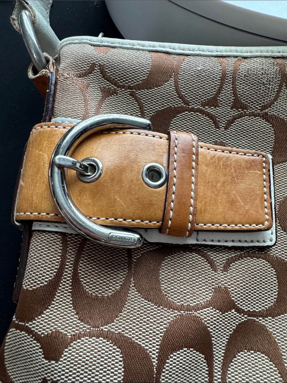 Coach Brown Signature Canvas Shoulder Bag with Tan and Cream Leather Accents - Picture 10 of 17